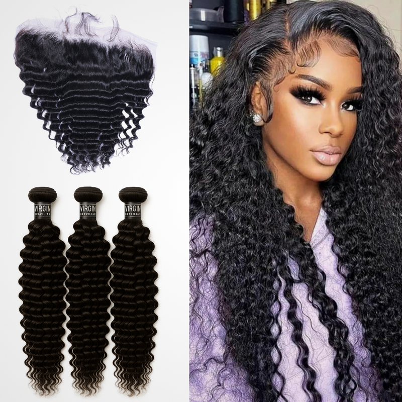 3 Bundles 10A+ Brazilian Curly Human Hair with Frontal