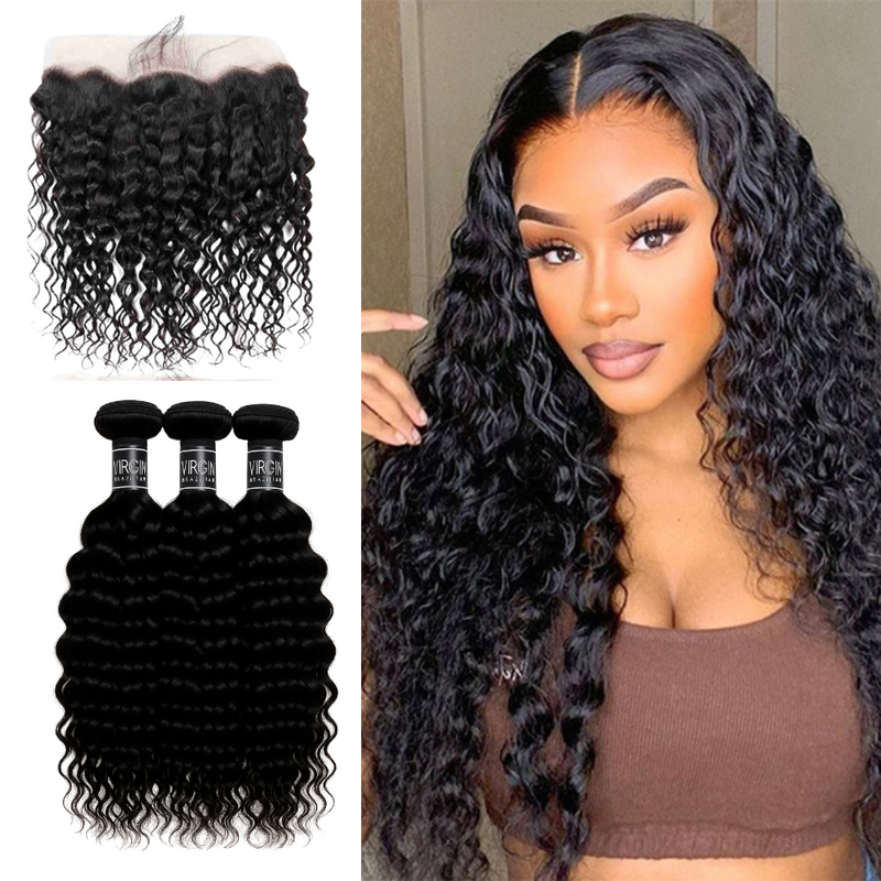 3 Bundles 10A+ Brazilian Natural Wave Human Hair with Frontal