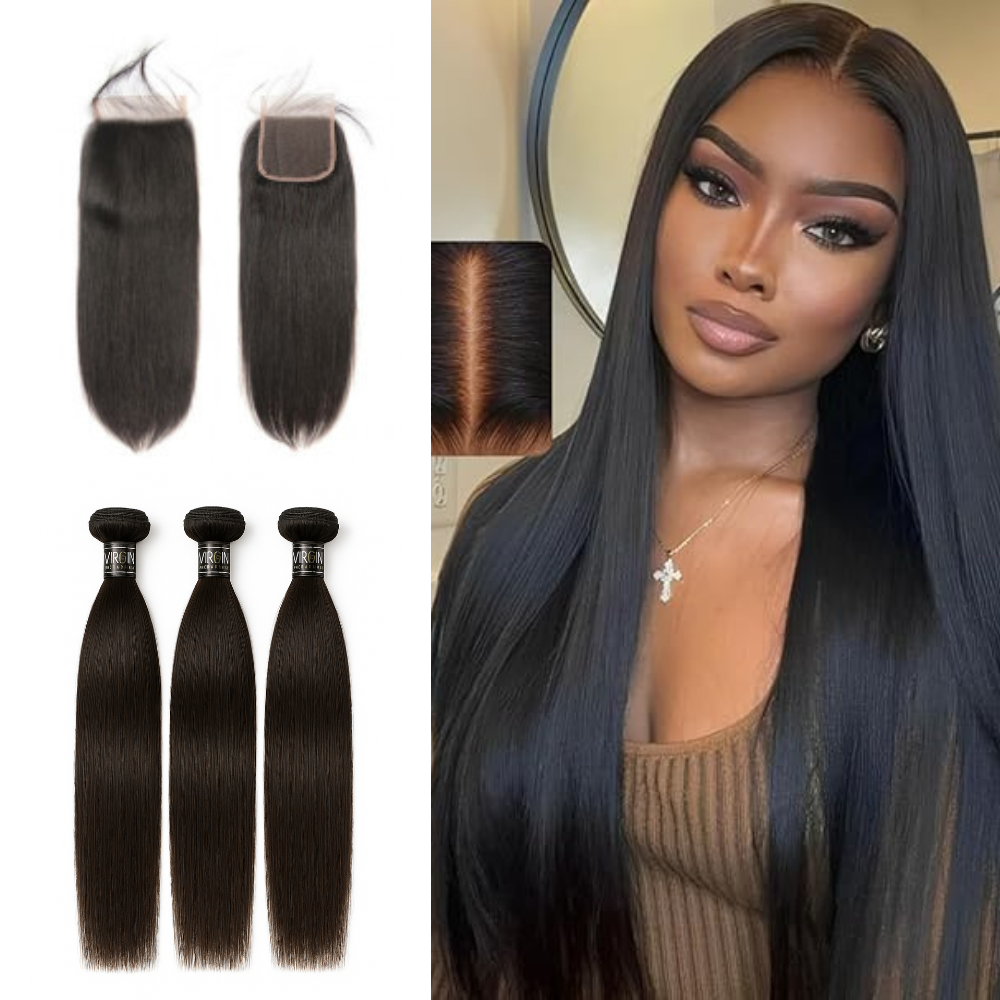 3 Bundles 13A+ Brazilian Straight Human Hair with Closure