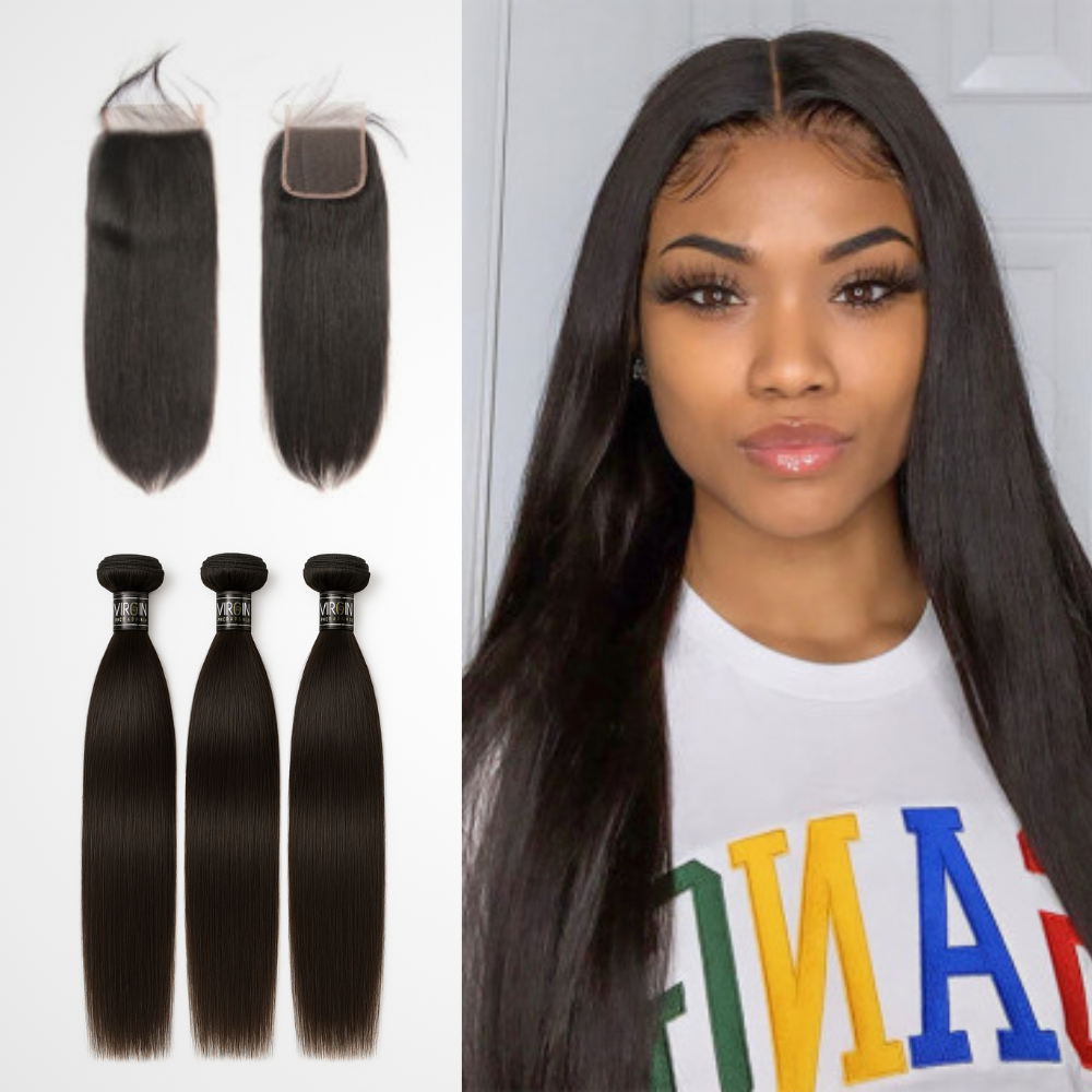 3 Bundles 10A+ Brazilian Straight Human Hair with Closure