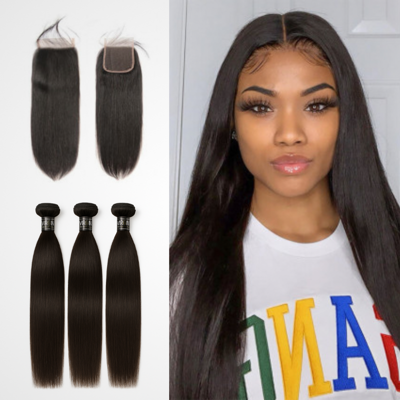 3 Bundles 10A+ Brazilian Straight Human Hair with Closure