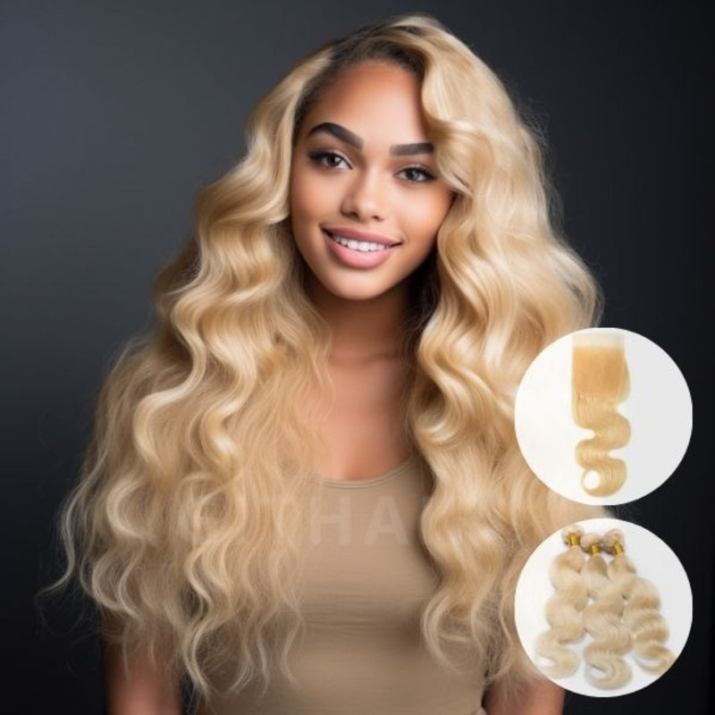 3 Bundles 10A +Brazilian Body Wave Human Hair 613 with Closure