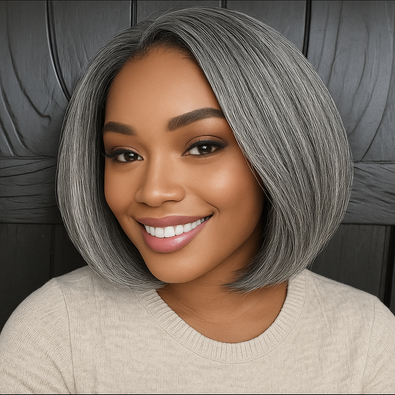 Glueless Bob Wig Salt & Pepper Grey 13x4 Straight 10A+ Human Hair 150% Density