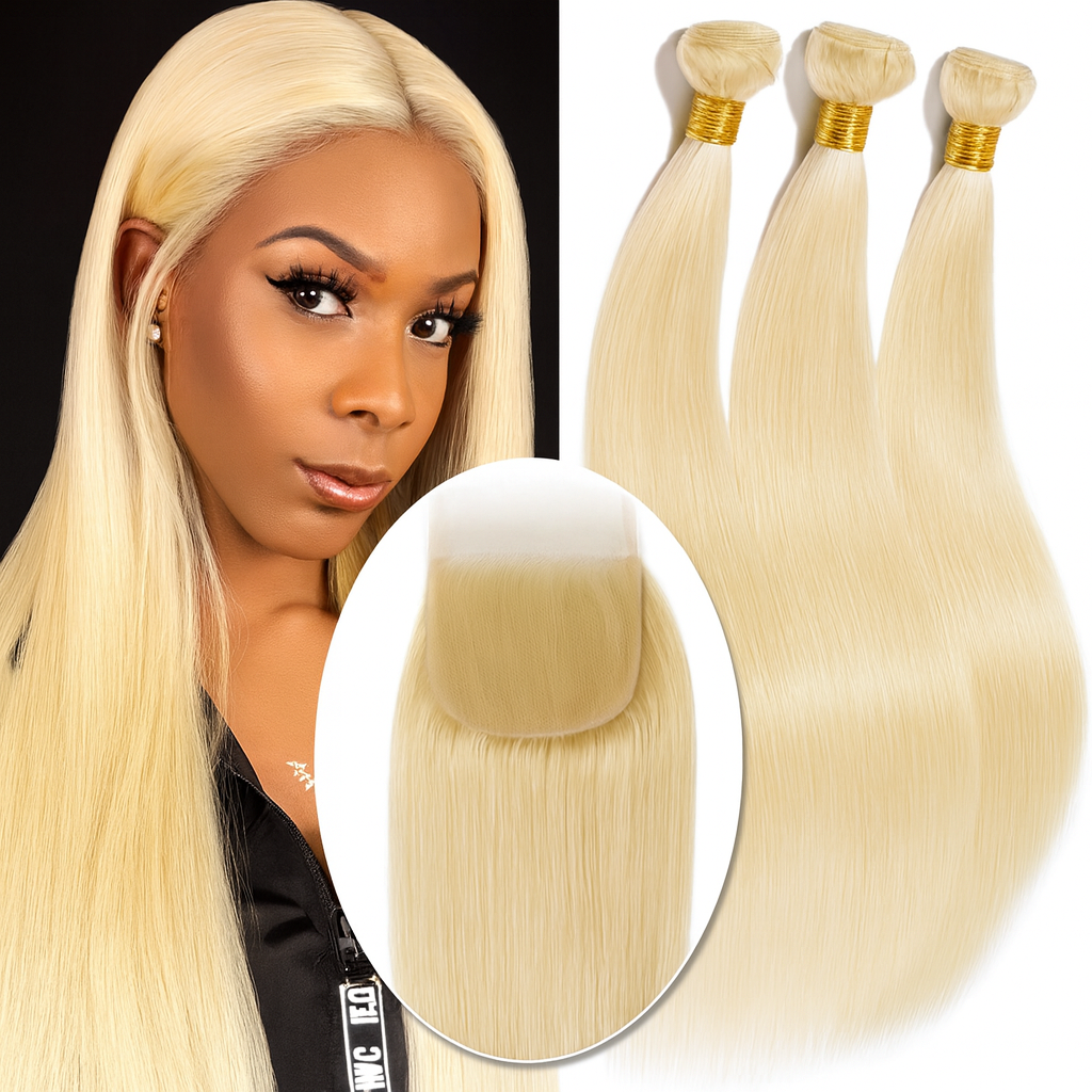 3 Bundles 10A+ Brazilian Straight Human Hair 613 with Closure