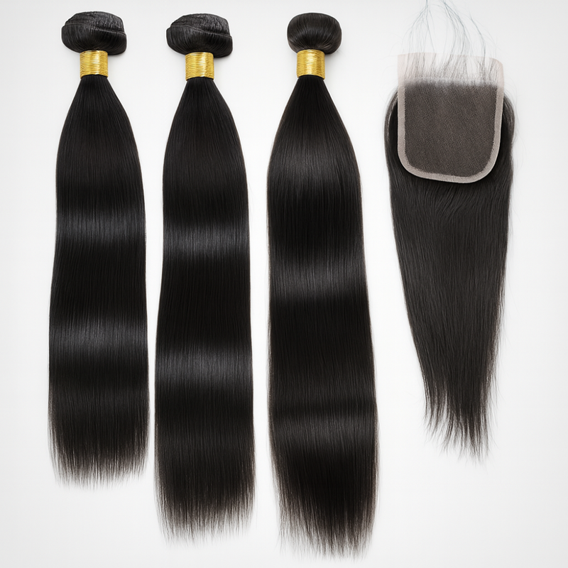 3 Bundles 10A+ Brazilian Straight Human Hair with Closure