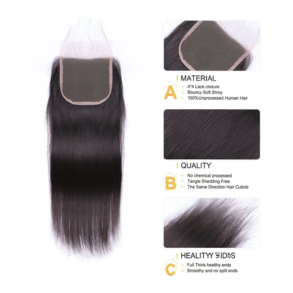 3 Bundles 10A+ Brazilian Straight Human Hair with Closure