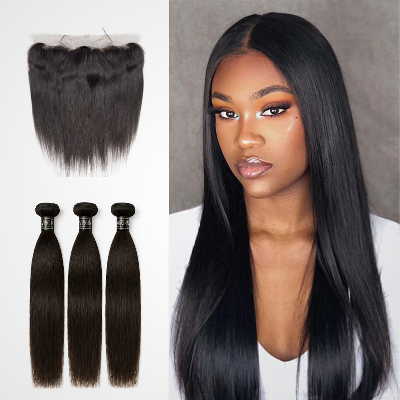 3 Bundles 10A+ Brazilian Straight Human Hair with Frontal