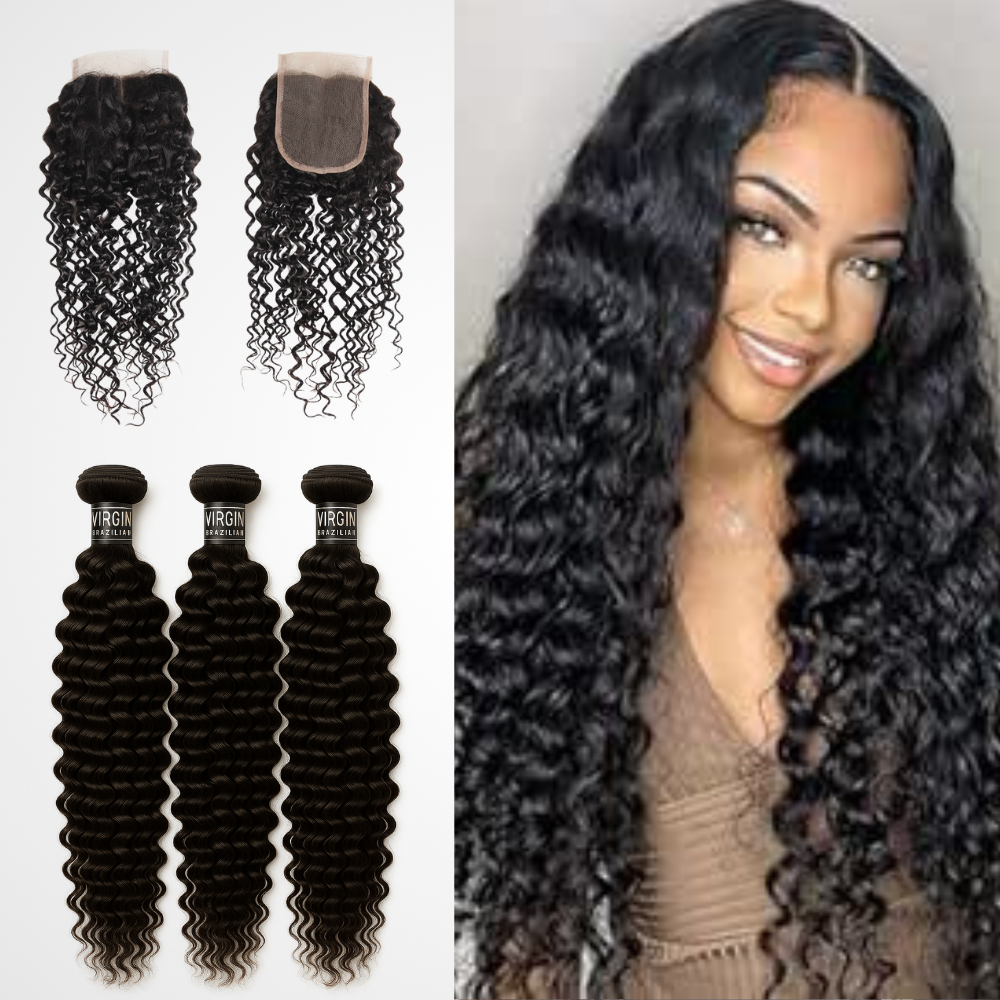 3 Bundles 10A+ Brazilian Curly Human Hair with Closure