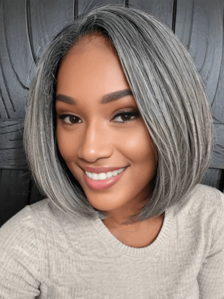 Glueless Bob Wig Salt Pepper Grey 13x4 Straight 10A Human Hair 150 Virgin Brazilian