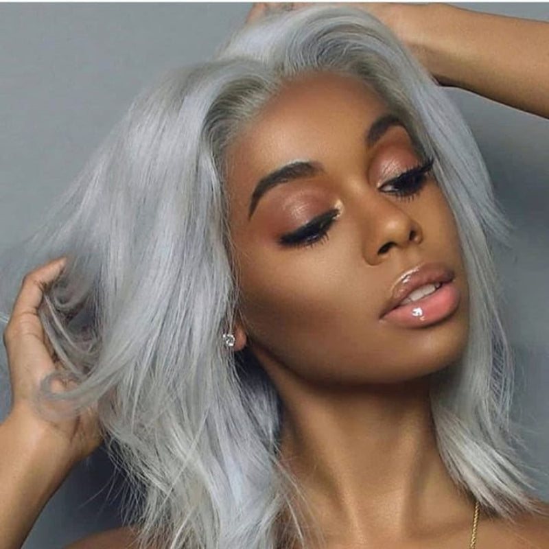 Gorgeous Grey/Silver 10A+Human Hair Bob 13x4 Lace Front Wig 150% Density