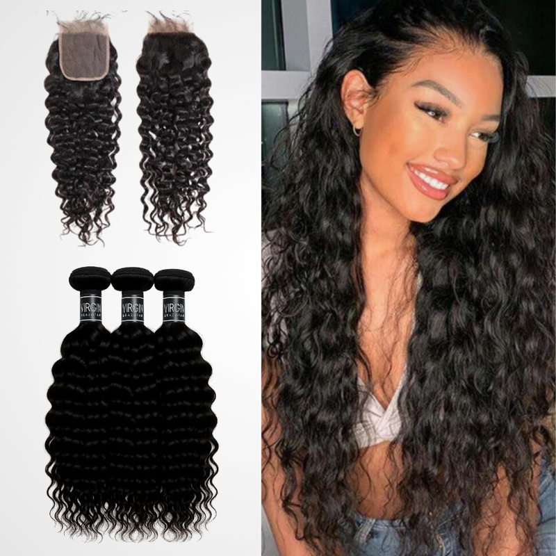 3 Bundles 10A+ Brazilian Natural Wave Human Hair with Closure